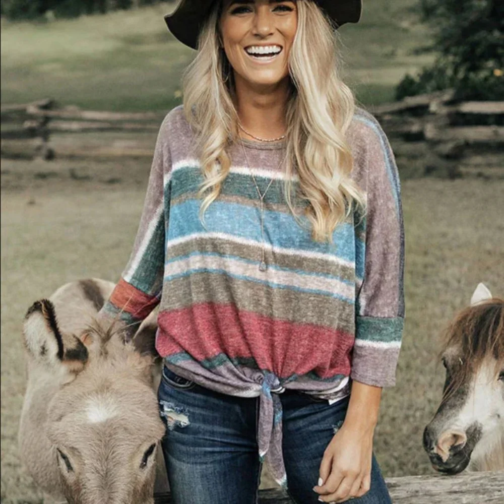 Shop Impressions Size Small Striped Shift Tie Top in Lilac Gray Green Red - Picture 2 of 3